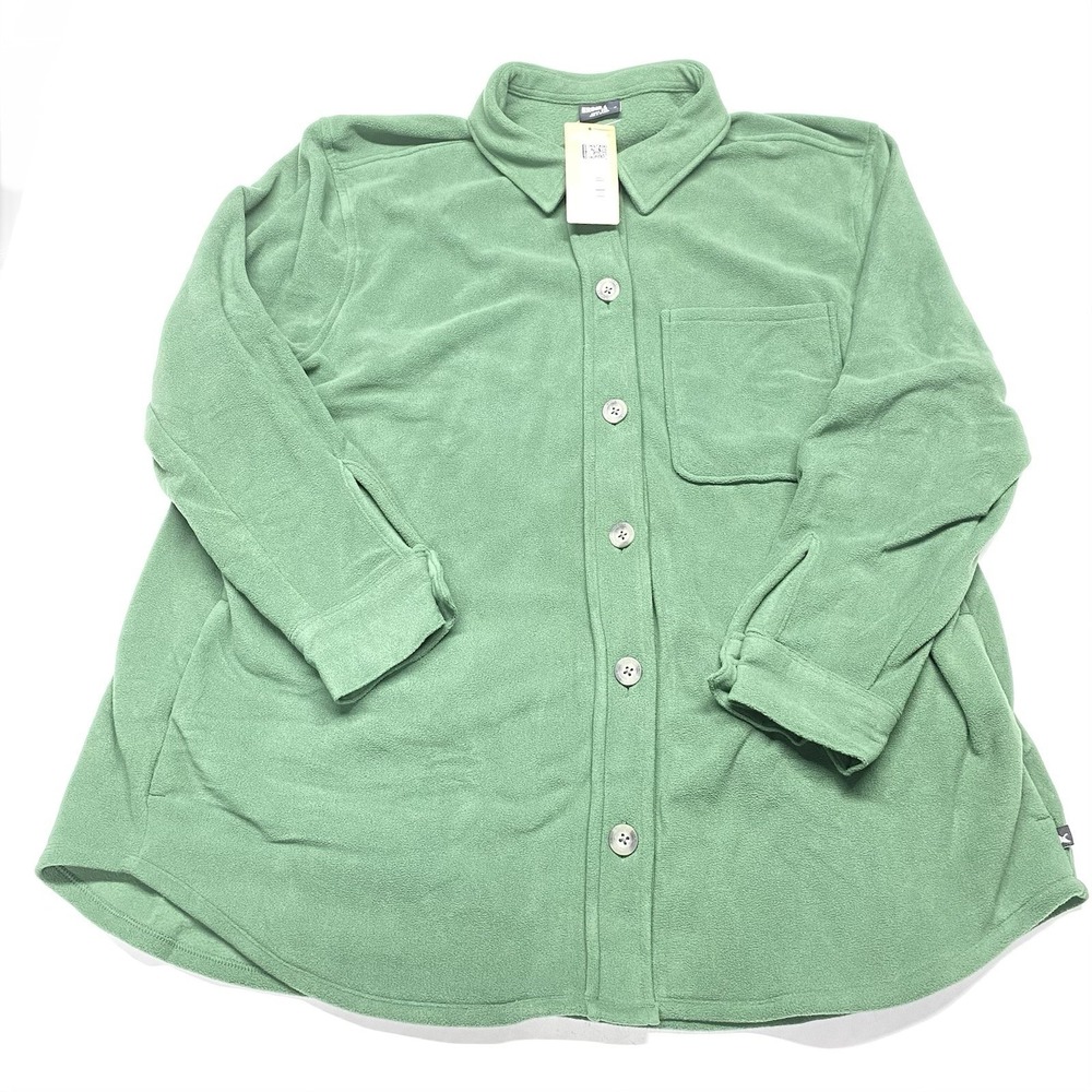 Eddie Bauer Shirt Jacket Women's 2XL Fleece Button Up Green Mock Neck Camping
